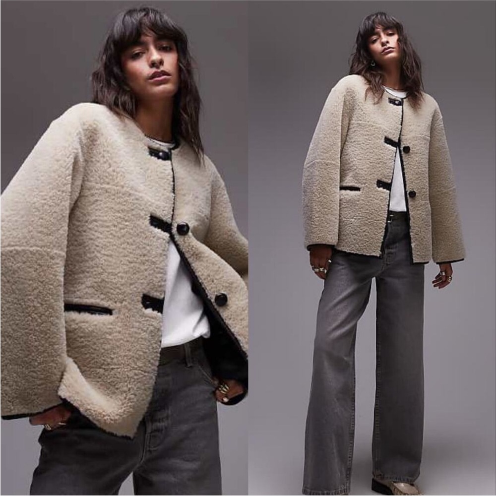 Mango MNG Faux Shearling Fur Teddy Coat Faux Leather Trim Size Small